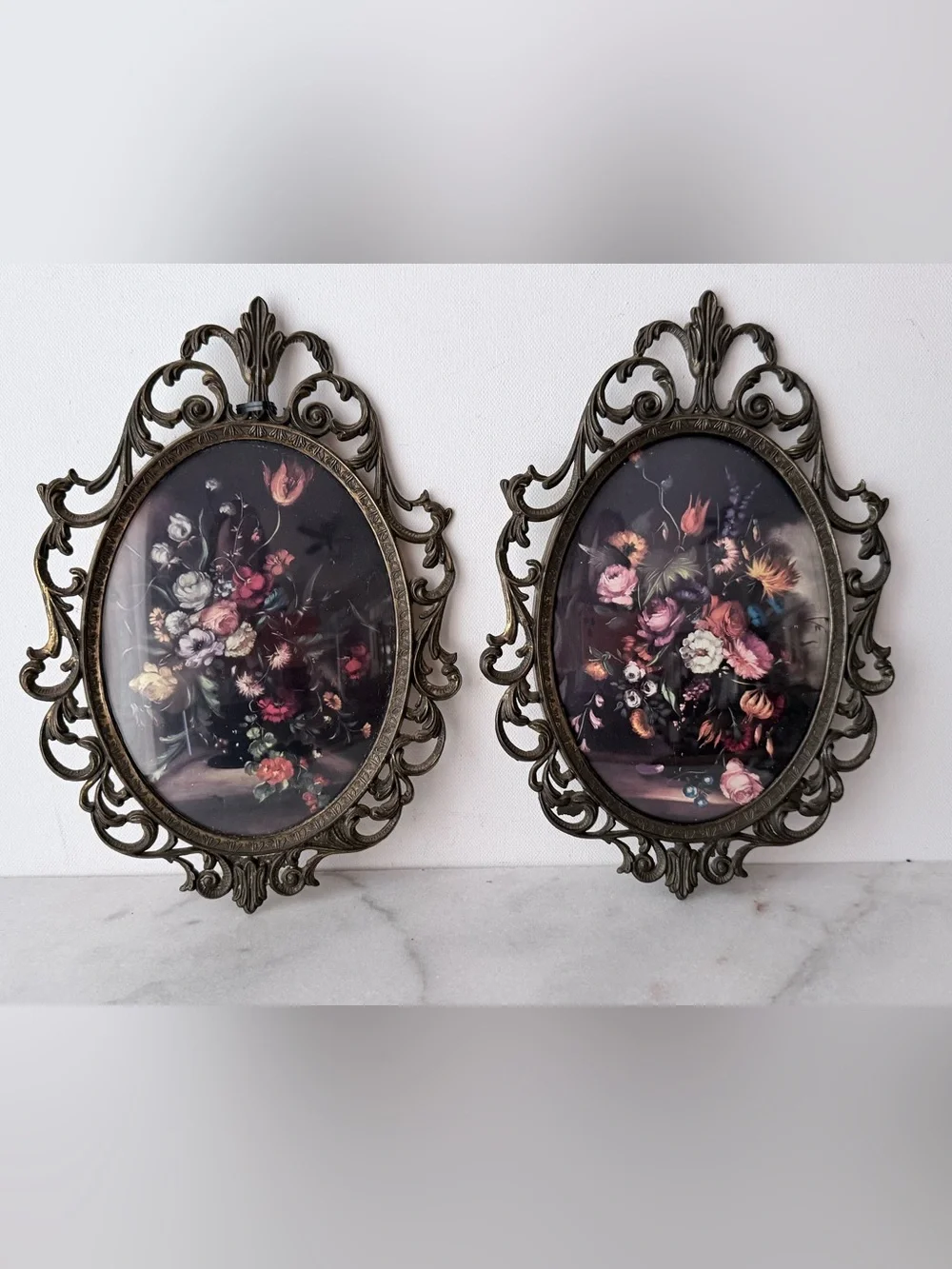 Vintage Floral Still Life Wall prints Ornate Brass-Tone Frames set of 2